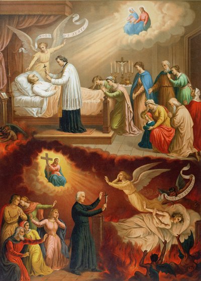 The death of the righteous man and the death of the sinner, illustration from a pictorial catechism, end of nineteenth century by French School