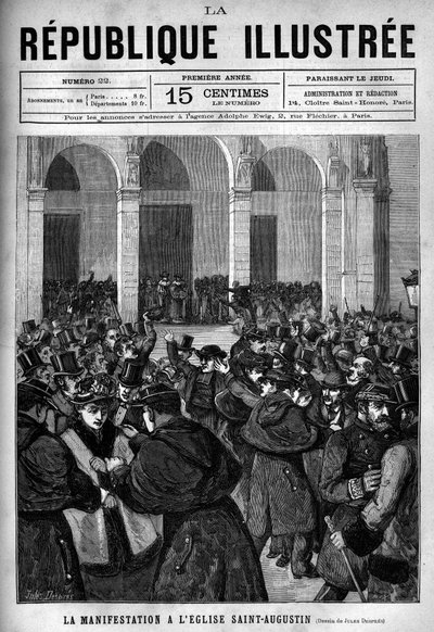 The demonstration at the Church of Saint Augustine in Paris: heated between the Parisian police and demonstrators hostile to the decrees of March 1880 taken by Jules Ferry removing the right to teach unauthorized religious congregations. by French School