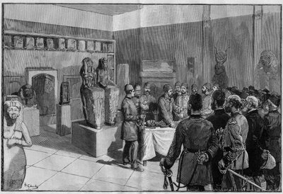 The unwrapping of the Mummy of Sesostris (Ramses II) at the Musee de Boulaq (Cairo, Egypt) by Gaston Maspero in the presence of the khedive Tewfik. Engraving in 