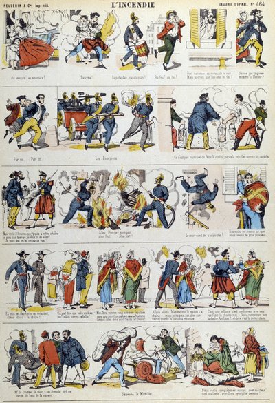 The different stages of a 19th century fire. Picture of Epinal from the 19th century by French School