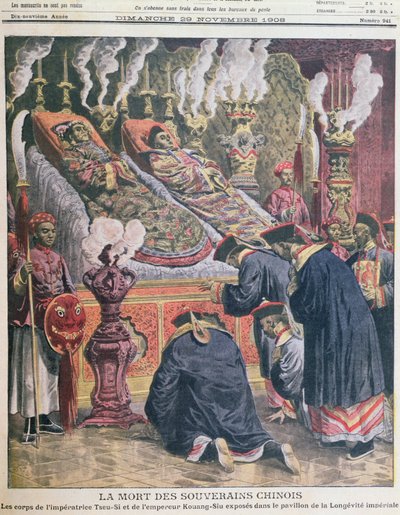 The display of the bodies of the Emperor Kouang-Siu (1872-1908) and his aunt the Empress Tseu-Hi (1835-1908) in the pavilion of imperial longevity, illustration from Le Petit Journal 1908 by French School