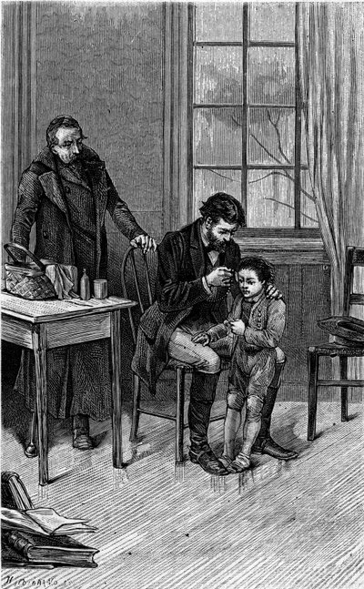 The Doctor Examines the Ear of a Deaf Child. Engraving Illustrating 