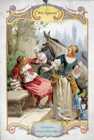 The donkey and the little dog (Fable de La Fontaine) - Bon Marché advertising sticker by French School