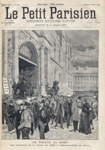 The Draw: The Conscripts of the 1892 Class at the Paris City Hall. One of the Newspaper Le Petit Parisien on 5/02/1893 (engraving) by French School
