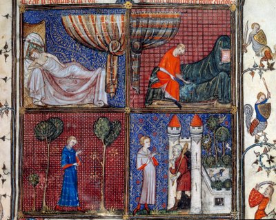 The Sleeping Lover, dressing, sewing his shirt and In front of the House of Pleasure. Miniature in 