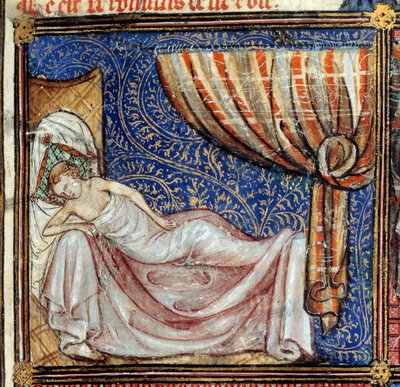 The dream, detail: The Sleeping Lover. Miniature in “Le Roman de la rose” by Jean de Meun, Jean de Meung or Jean Chopinel, Jean Clopinel (v.1240-1305), circa 1370. Chantilly, Musee Conde by French School