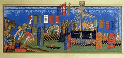 The embarkation of the Knights of the Holy Spirit for the crusades, after a miniature in the Statuts de lordre du Saint-Esprit de Naples manuscript in the Louvre, engraved by Felix Regamey (1844-1907) by French School