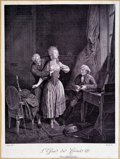 The essay of the corset (two men and one woman with stripped breasts) - 18th engraving by French School