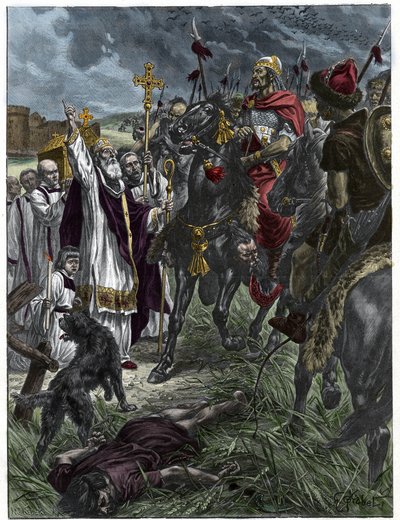 Saint Loup of Troyes Stops Attila King of the Huns Before Troyes - Barbarian Invasions - Engraving after the painting of H. Grobert by French School