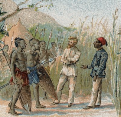 The explorer Paul Crampel (1864 - 1891) negotiating with the natives of Congo. Chromolithography of the 19th century by French School