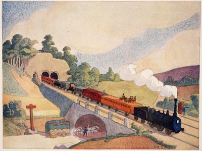 The first Paris to Rouen railway, copy of an 1837 stamp, illustration from Histoire de la Nation Francaise by French School