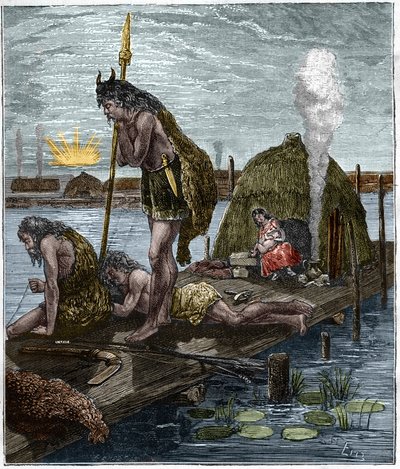 The first Parisians, or inhabitants of Lutece (Paris) (hutte on stilts) Engraving of 