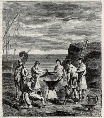 The first navigators in the Greek archipelago obtained fresh water by vaporizing sea water - Engraving in 