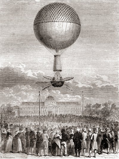 The First Successful Balloon Flight of Jean-Pierre François Blanchard on 2 March 1784, in a Hydrogen Gas Balloon Launched from the Champ de Mars, Paris, France, from Les Merveilles de la Science, Published c.1870 by French School