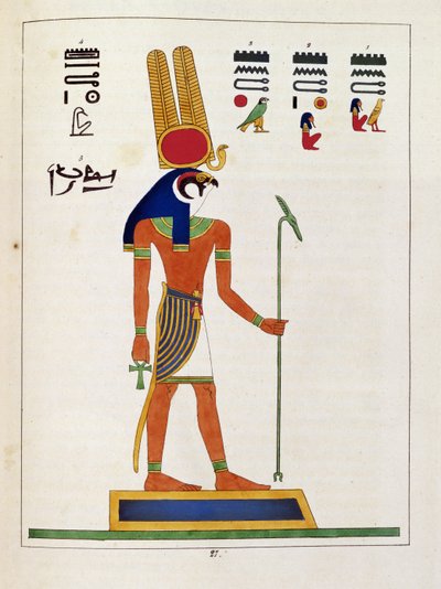 The god Mandou, illustration from Pantheon egyptien: collection of mythological characters of ancient Egypt, by Jean-Francois Champollion, published c.1986 by French School