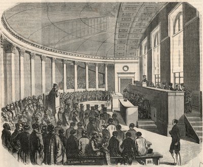 The grand amphitheatre during a contest at the school of law in Paris - Engraving in 