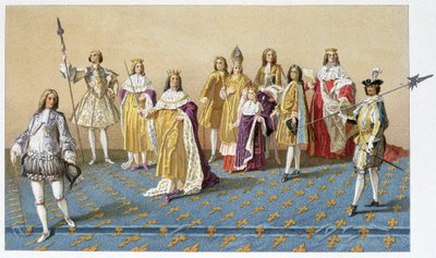 The great dignitaries to the coronation of Louis XV: Marquis de Dreux, Marshal de Villards, Duke of Harcourt, Archbishop Duke of Reims, Louis XV, Prince Charles of Lorraine, Duke of Villeroy, Duke of Armonville - chromo by French School