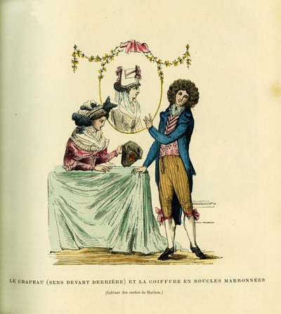 The hat, sense in front of the back and the hairstyle in brown buckles by French School