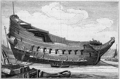 The Hull of a Large Ship in the 17th Century. Engraving in 
