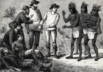 The inhabitants of Peru helping the colonial Europeans suffering from malaria with Cinchona (engraving, 1888) by French School