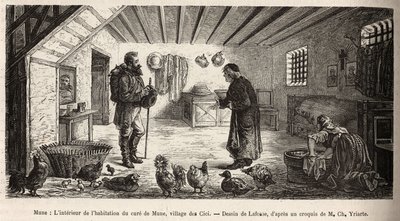 The interior of the house of the cure of Mune, village of Les Cici. Engraving after a drawing by Lafosse illustrating a voyage by French School