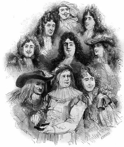 The interpreters of Moliere at the Comedie Francaise in 1862-1863. From bottom to top: Provost (Arnolphe), Joseph Samson (Sganarelle), Geffroy (Clitandre), Bressant (Don Juan), Edmond Got (Trissolin), Louis Delaunay (Hor by French School