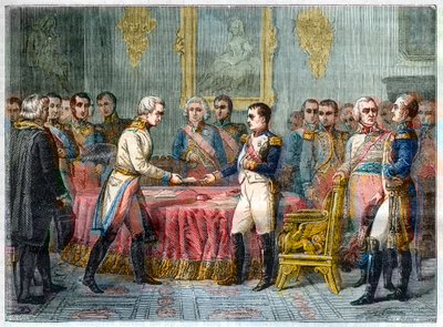 The interview of Erfurt, 27 September - 14 October 1808 - Napoleon I receiving Baron Vincent, Austrian diplomat and envoy of the Emperor of Austria to the right Alexander I of Russia (1777-1825) - Assembly of Princes in Erfurt on 27 September 1808 by French School