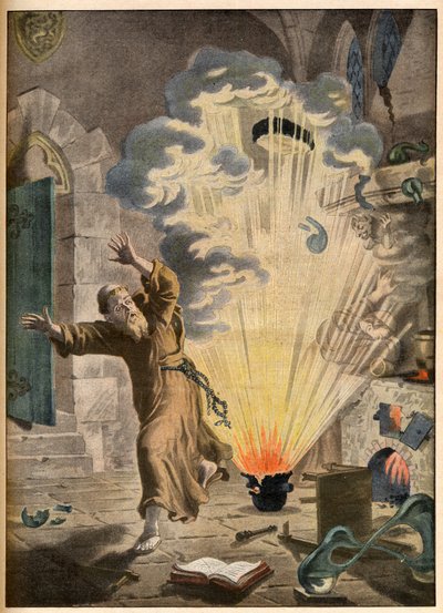 The invention of gunpowder by German monk and alchemist Berthold Schwartz (ca. 1318-1384) - Illustrious inventions. The powder. Illustration for Le petit Journal, 27 January 1901 by French School