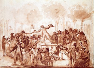 The journalist Camille Desmoulins (1760-1794) harangued the patriots in the gardens of the Royal Palace. First scene of the French revolution in Paris, July 12 by French School