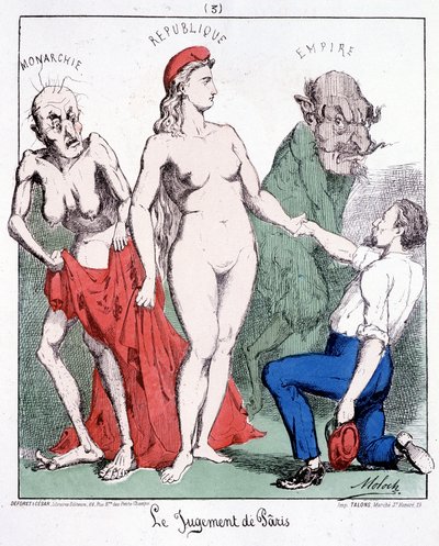 The judgment of Pâris: Monarchy - Republic - Empire (a communard chooses the Republic). Cartoon about the Commune. by French School