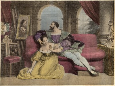The king of France Francois I and the beautiful ironwork. Lithograph of Daveria from 1838 in 