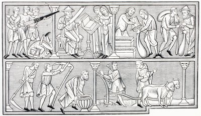 The labors of war, science, commerce and agriculture, after a miniature in a 13th century psalter, from Les Arts au Moyen Age, published 1873 by French School