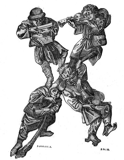 The letter X of the grotesque alphabet composed of four musical characters, made in 1466. In The picturesque store 1836 by French School