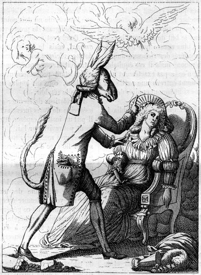 The magical finger, a college similar to an ancient caricature about Frans Anton Mesmer (1734-1815), a German doctor, founder of the theory of animal magnetism or mesmerism. Engraving in 