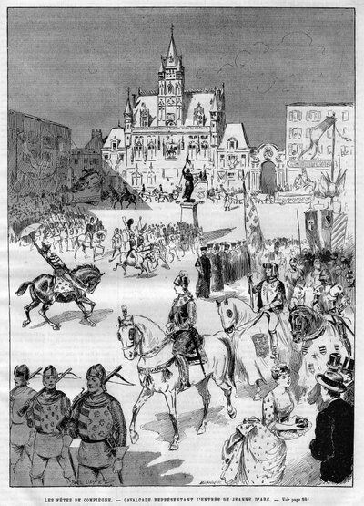 The medieval feasts of Compiegne in 1886: cavalcade representing the entrance of Joan of Arc (1412-1431). Engraving in 