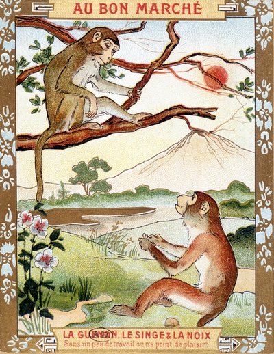 The Monkey and the Nut (Fable de La Fontaine) - Advertising Vignette du Bon Marché by French School