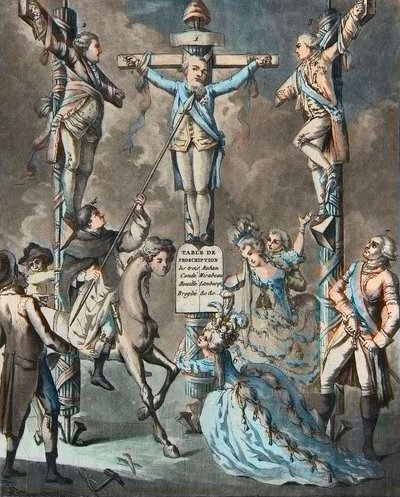 The new calvary, Louis XVI put on the cross by revolts - 2. and 3. Monsieur and the Count of Artois, brothers of the King, leaned by the decrees by French School