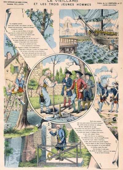 The Old Man and the Three Young Men - Fables de La Fontaine in Images of Epinal by French School