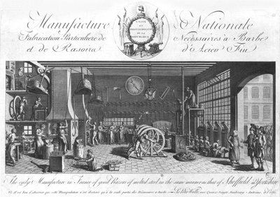 The only manufacture in France of good razors of melted steel in the same manner as that of Sheffield in England, Yorkshire, late 18th century by French School