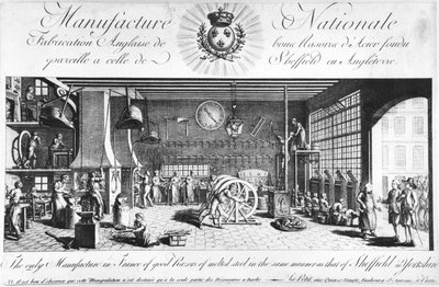 The only manufacture in France of good razors of melted steel in the same manner as that of Sheffield in England, Yorkshire, late 18th century by French School