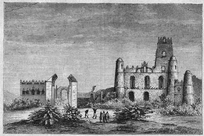 The palace of the Negus or kings of Ethiopia in Gondar. Engraving from 1896 in 