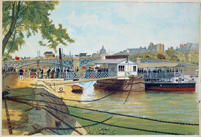 The pontoon of the boats of Suresnes at the bridge of the Saints Peres. 19th century engraving. Paris, Decorative Arts by French School