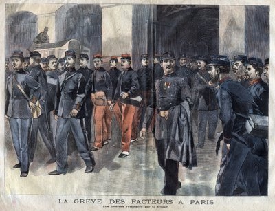 The postmen strike: soldiers and municipal guards charged with the distribution of letters in Paris. Engraving of 1899 in La petite Gironde by French School