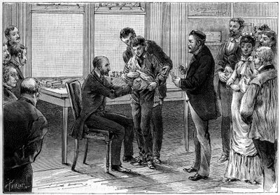 The rabies vaccine operations, at the laboratory of Louis Pasteur (1822-1895), drawing by C.Gilbert d