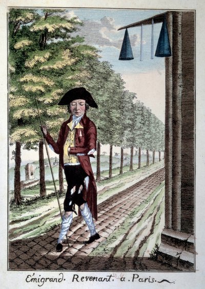 The return of an emigrant at the end of the French Revolution. A noble torn clothes that fled the city during the Revolution. Engraving of the 19th century Paris, Musee Carnavalet by French School