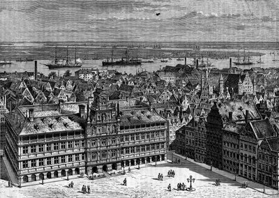 The river Scheldt seen from the port of Antwerp, Belgium. Engraving in 