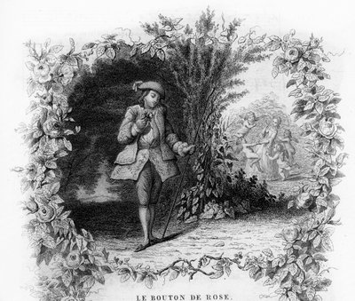 The rose button. A lonely and romantic young man in a garden at the bottom of which a young woman is surrounded by cupid. Engraving in 