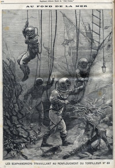 The Scaphandlers Working on the Bailout of Torpedo 83 that had Sunk in Douarnenez Bay in Finistere in Brittany, in 