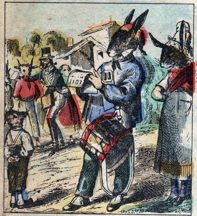 The sick lion and the fox. Fables by Jean de La Fontaine. Epinal imaging from the end of the 19th century by French School