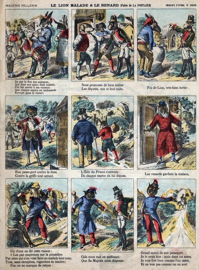 The Sick Lion and the Fox. Fables by Jean de La Fontaine (1621-95). Epinal Imaging from the End of the 19th Century by French School